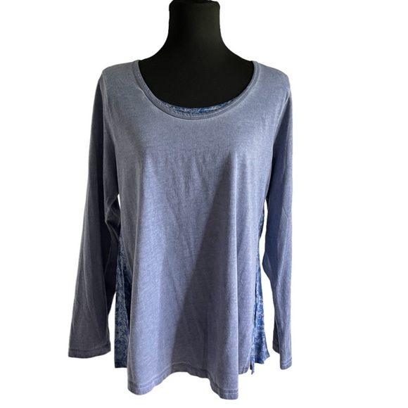 Soft Surroundings Blue Floral Contrast Tunic Top L Boho Cottagecore Long Sleeve - Picture 2 of 11